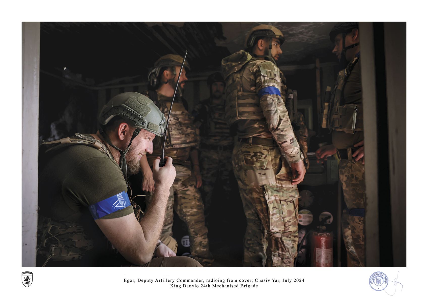 Egor, Deputy Artillery Commander, radioing from cover; Chasiv Yar, July 2024 by oleg petrasiuk