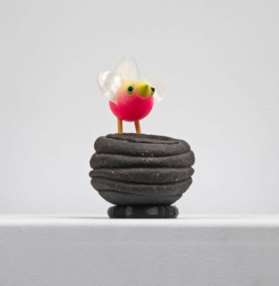 pink bird on black nest by Chris Barnes